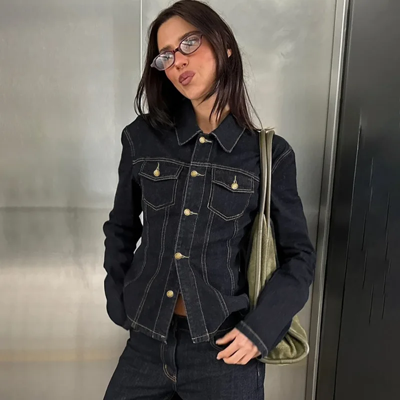 

Talenza Women Vintage Denim Jacket Fashion Y2K Patchwork Casual Long-Sleeved Denim Coats Top Autumn Women New Streetwear Outfits