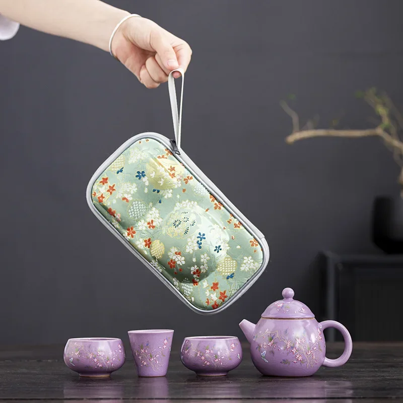 Purple Ru Kiln Ceramic Travel Tea Set One Pot Three Cups Portable Outdoor Tea Brewer Tea Cup