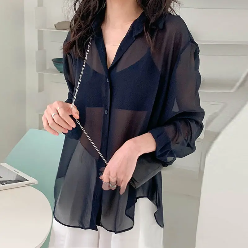

Women Shirts Sheer Sun-proof Fashion Summer Elegant Outerwear Simple Solid All-match Feminine Long Sleeve Turn-down Collar