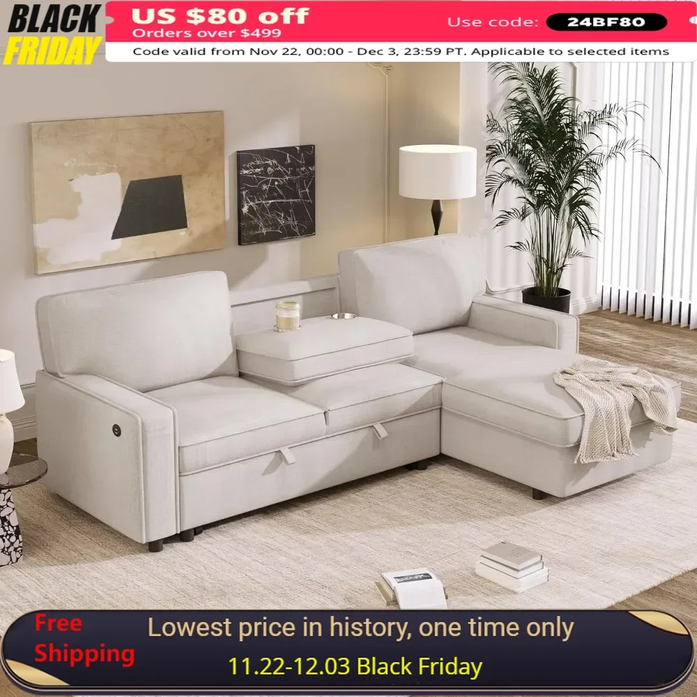 

Sleeper Sectional Sofa with Storage Space, USB Port, 2 Cup Holders on Back Cushions，Couch Couches，sectional Sofa Bed