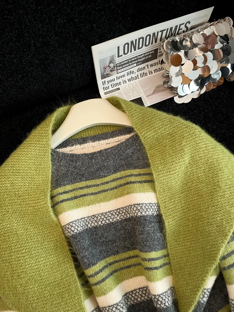 Vrouwen groen gestreepte gebreide trui sjaal trui jaren 2000 vintage lange mouwen gezellige kasjmier trui voor dameskleding lente herfst