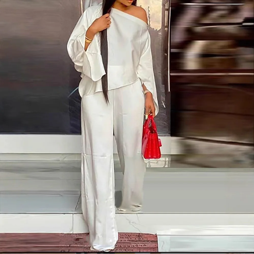 

Solid Color New Summer Fashion Casual Suit Women's Elastic Cotton Slant Neck Loose Comfortable Wide Leg Pants Two-piece Set