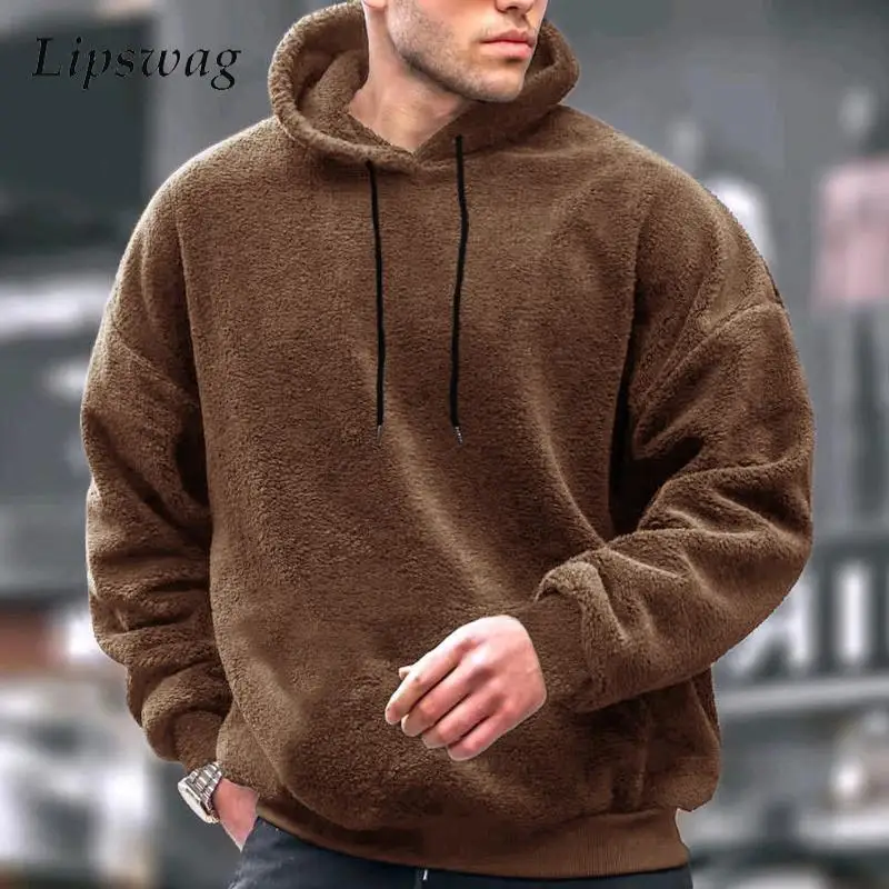 

Casual Pure Color Fleece Hoodie Men Long Sleeve Drawstring Hooded Sweatshirt Autumn Winter Warm Fleece Sweatshirts Men's Hoodies