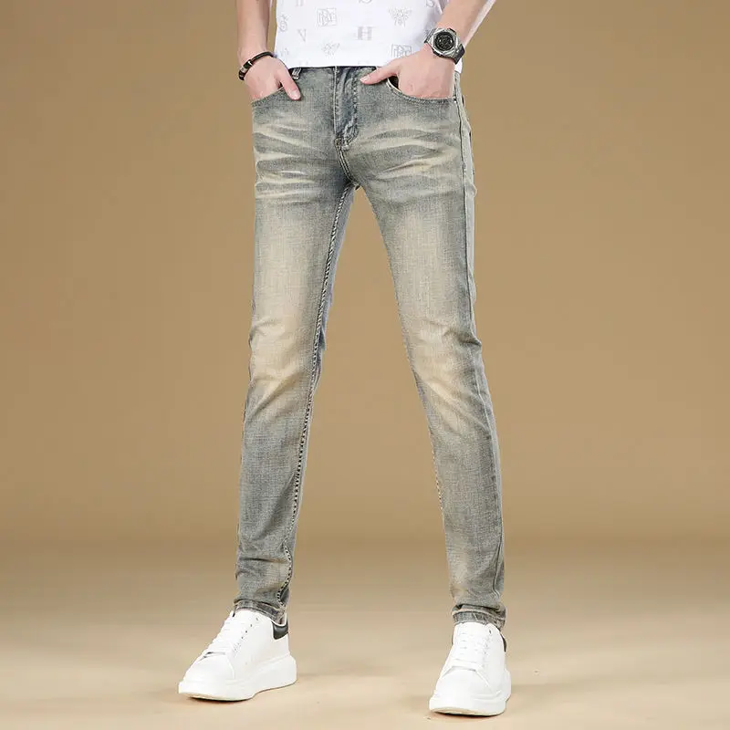 Vintage Trend Versatile Autumn Jeans Men's Zipper Pockets Wash Distressed Korean High Street Chaopai Slim Elastic Pencil Pants