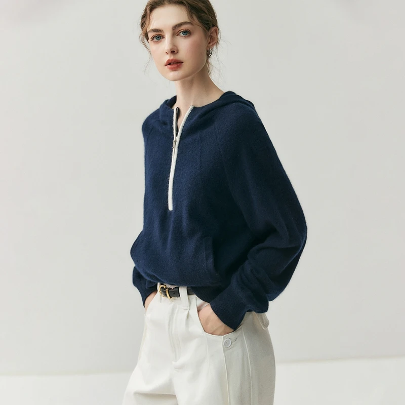 

Women Hooded Half Zipper Pullover 100% Cashmere Sweater Autumn Winter Casual Cashmere Knit Jumper Soft Comfy Clothes Hoodie Top