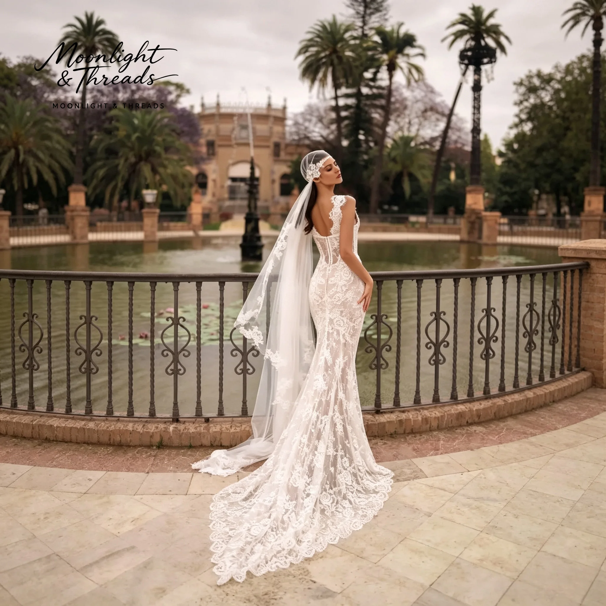 Ivory white V-neck sleeveless floor-length formal wedding dress with fishbone waistline and lace embroidery view 5