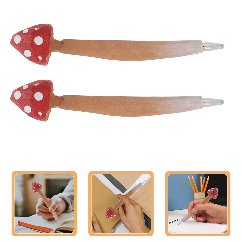 2 Pcs Mushrooms Ballpoint Pen Wood Writing Cute Pens Red Students Bulk Office Accessories