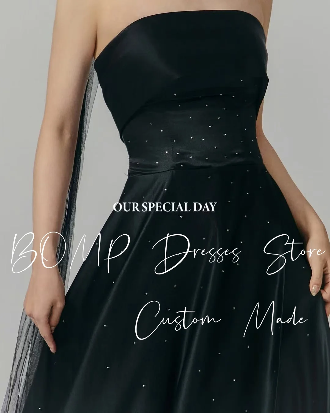 BOMP elegante zwarte kralen bruiloft feestjurk strapless vloerlengte taffeat Korea fotoshoot bruidsreceptiejurk op maat