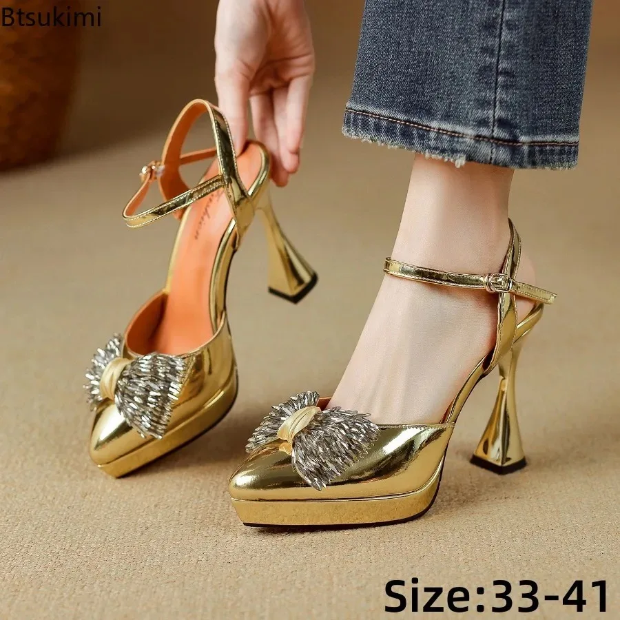 Women High Heeled Sandals Shine Pointed Toe Bow Rhinestone Platform Sandals with Chunky Heels Bridal Wedding Party Dress Shoes