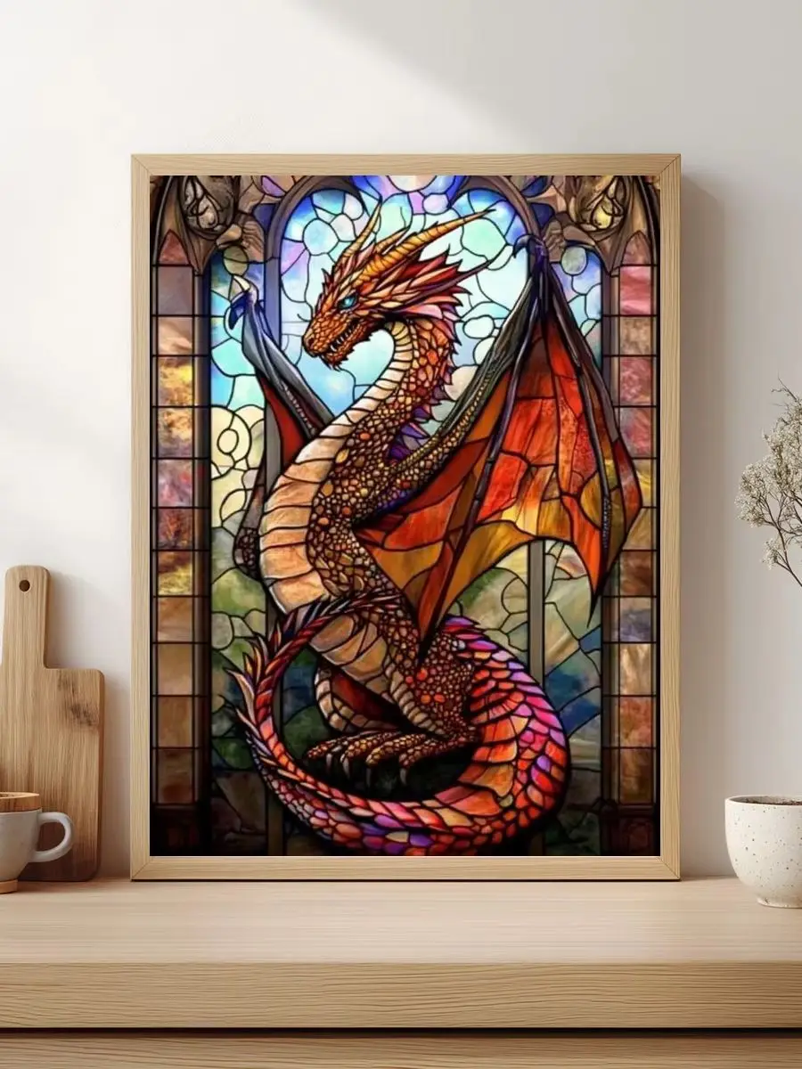 1 Stück 30x40cm/11,8x15,7 Zoll, 11Ct/14Ct Kreuzstich-Set, DIY Valentinstagsgeschenk, Stickerei-Set für Festlichkeiten, Buntglas-Drache – Detail 1