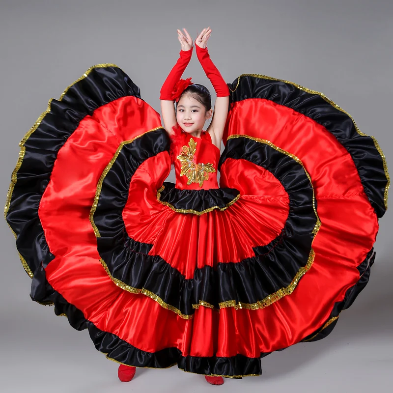 2023 New Spanish Costume Girl Long Red Flamenco Dress Costumes for Kids Clothes Ballroom Skirt for Girls Child Dance Dresses