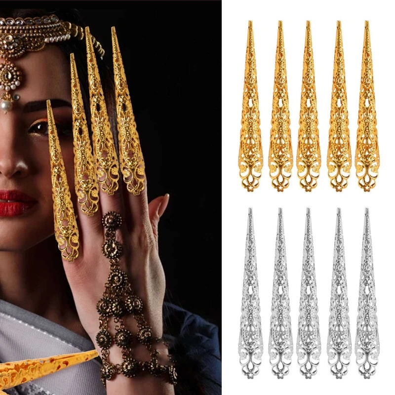 D0LC Fingertip Claw Rings Nails Decoration Chinese Finger Claws Belly Dance Finger Nails Full Finger Rings False Long Nails