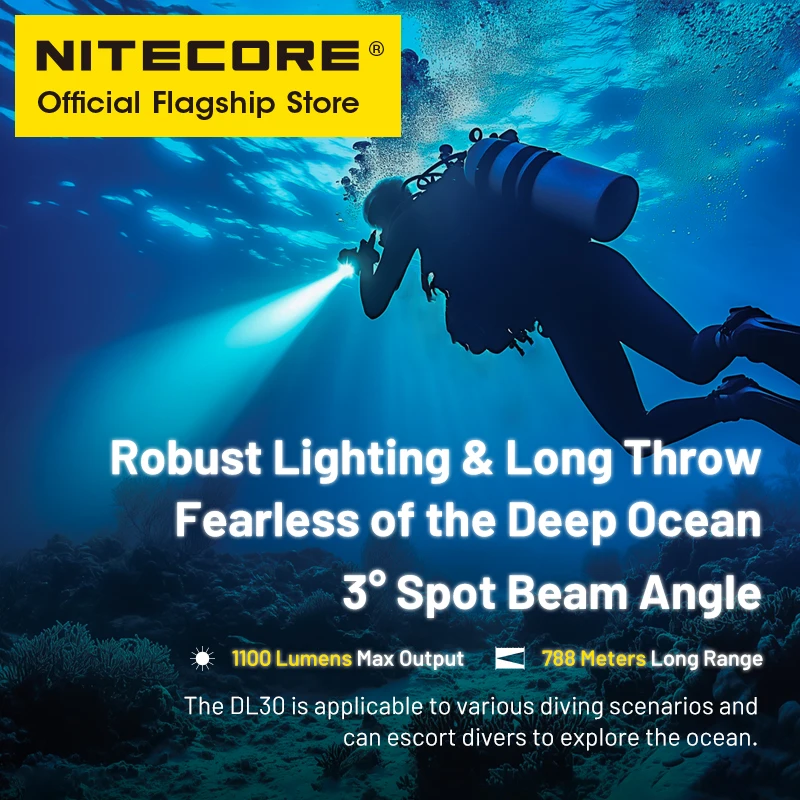 NITECORE DL30 ไฟฉายดําน้ําสําหรับ 100 เมตร Submersible 788 M Long Range Spotlight พร้อม USB-C ชาร์จ 21700 Li-Ion แบตเตอรี่
