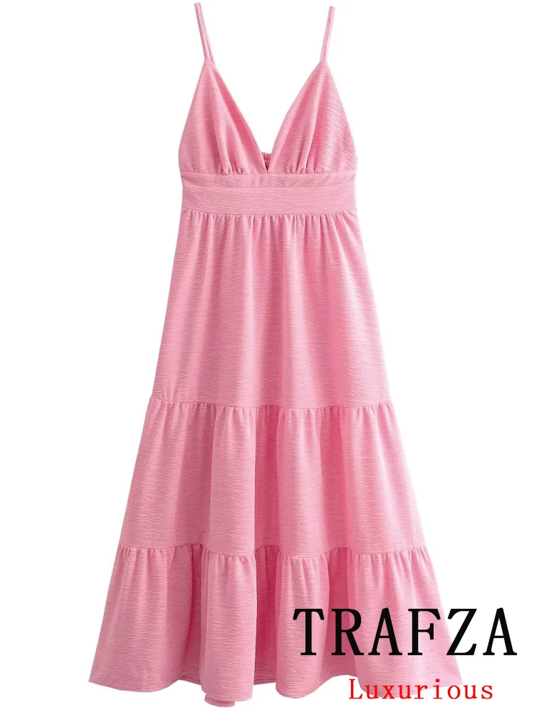 TRAFZA Vintage Casual Chic Solid Women Dress Sleeveless Backless Pink Dress Fashion 2024 Summer Chic Beach Party Dress