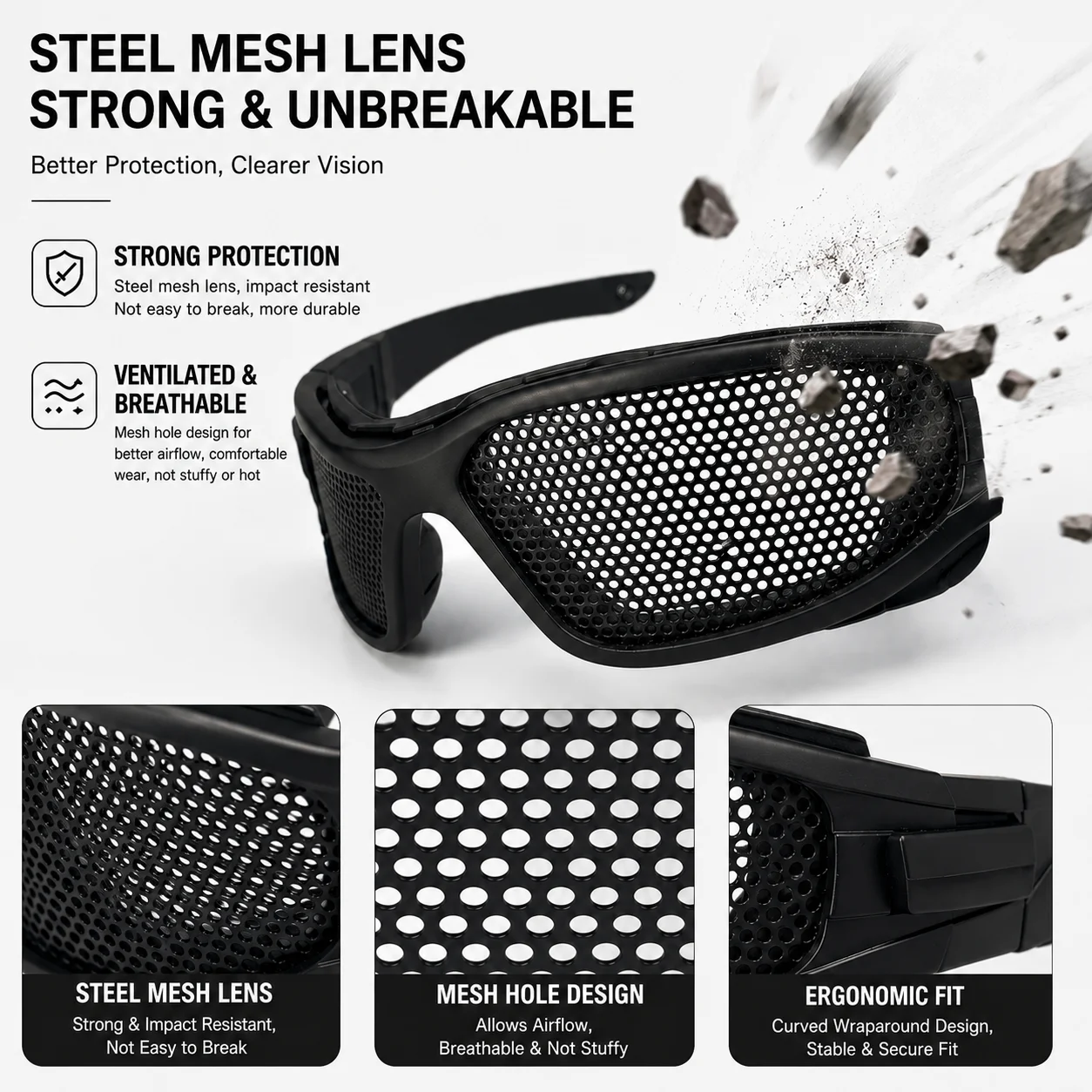 Metal Mesh Goggles, Impact Resistant Airsoft Safety Glasses, Breathable Protective Eyewear for Hunting, Cycling, Motorcycle