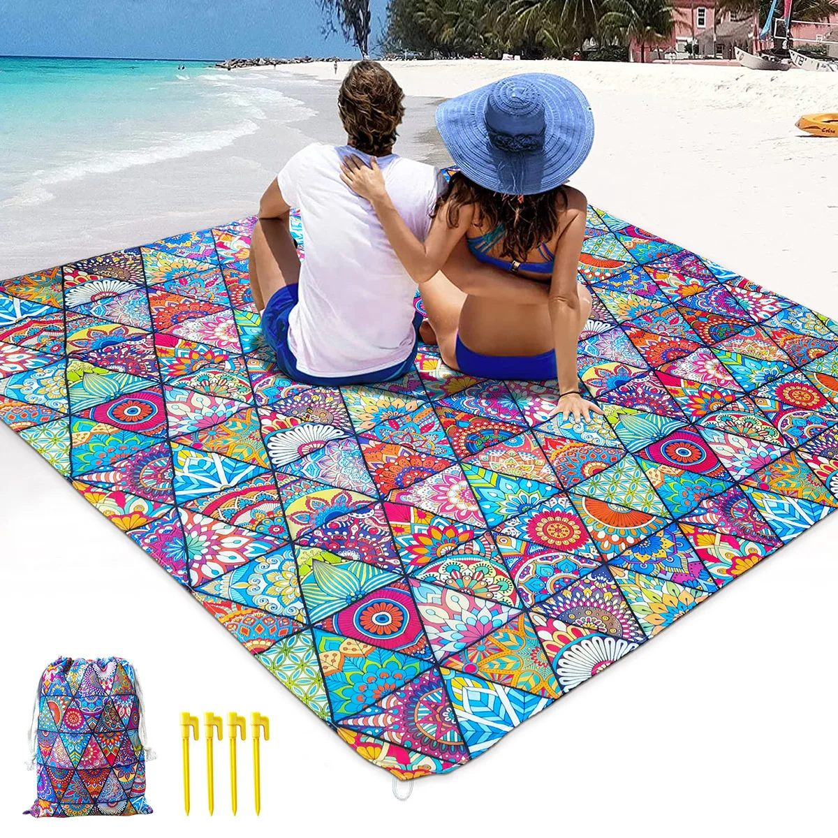 Large Printed Nordic Style Beach Mat Moisture-Proof Nylon Waterproof Picnic Blanket Lightweight Foldable Camping Pad for