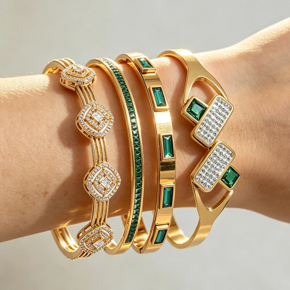 Luxuriöser grüner Edelstein-Armreif für Damen, Kubikzirkonia, hohle geometrische, stapelbare Armbänder, Hochzeit, Party, Jubiläum, Schmuckgeschenk