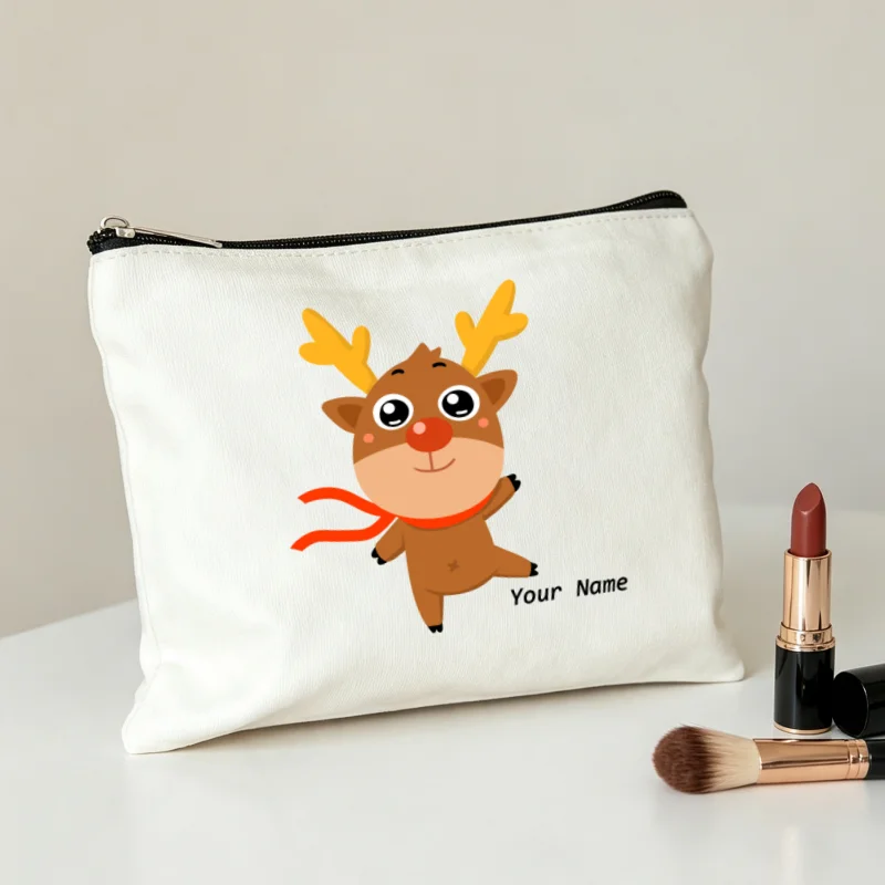 Custom Cartoon Rudolph Reindeer Makeup Bag Canvas Zipper Cosmetic Pouch Christmas Portable Toiletry Storage Purse Gift for Women