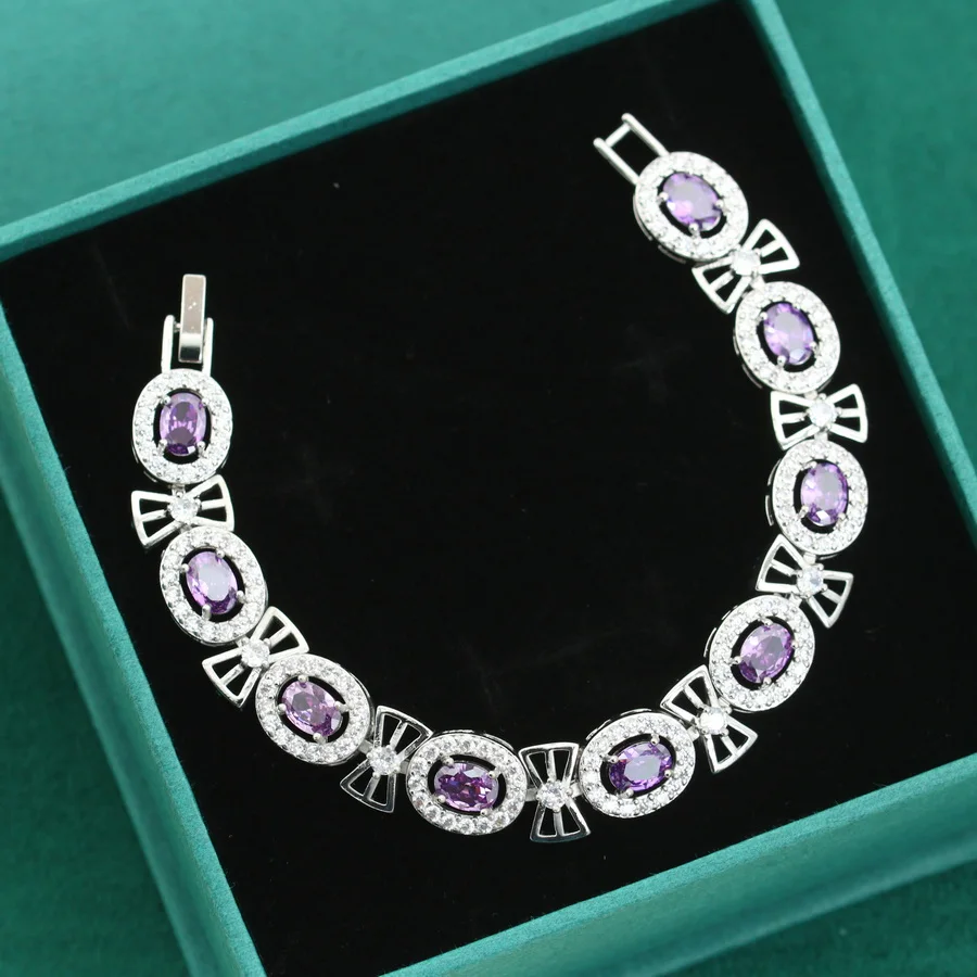 Dubai Wedding/Party Women Trendy 925 Silver Jewelry Sets Dangle/Earrings/Bracelet And Ring Purple Zircon Valentine Day Gift