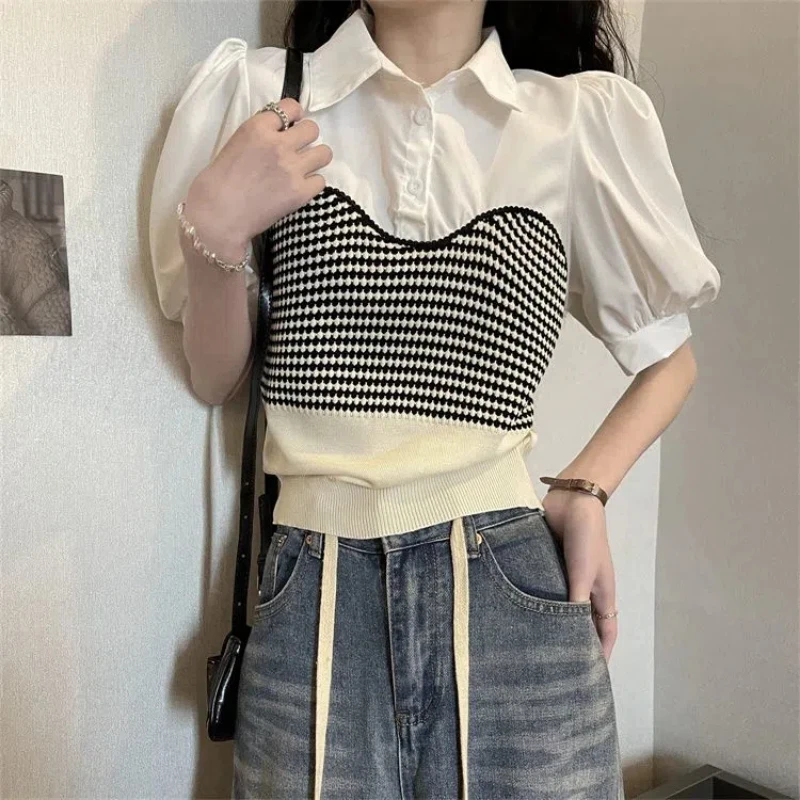 Summer New Youthful Girl Fake Two-piece Outfit Top Color College Sweet Puff Sleeve Shirts Short Tops Korean Trend Women Clothing