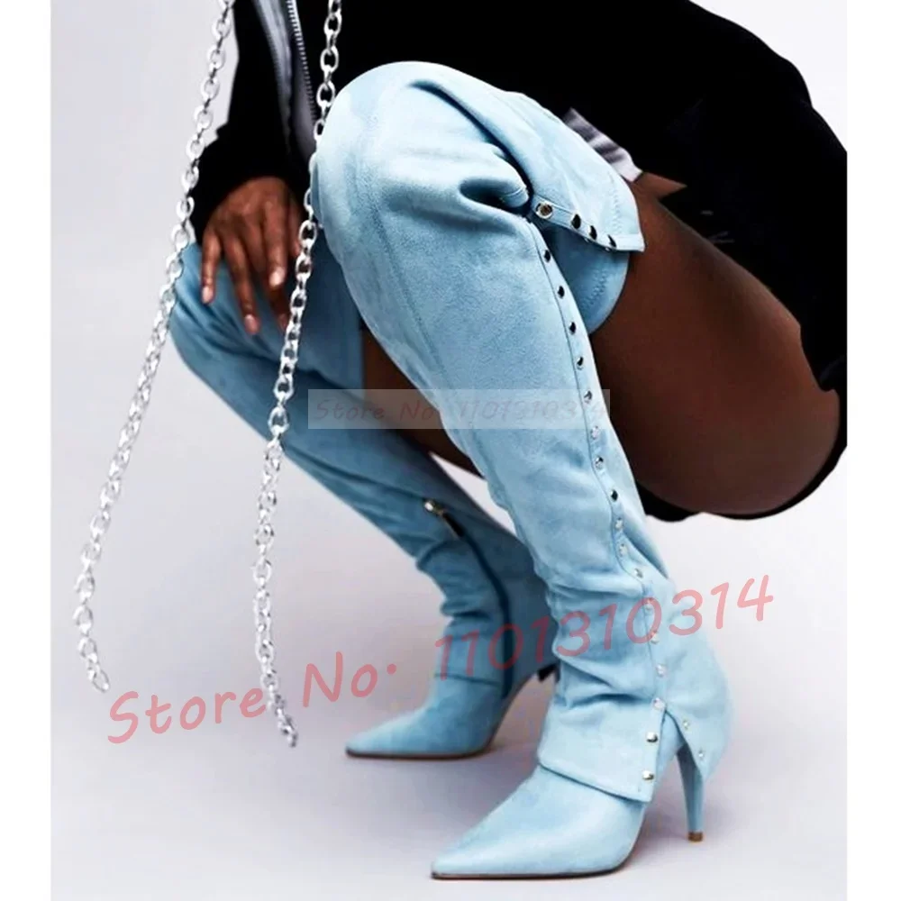 Powder Blue Patchwork Thigh Boots Women 2023 Rivets Trim Streetwear High Heels Suede Shoes Spring Trends Design Pointy Boots