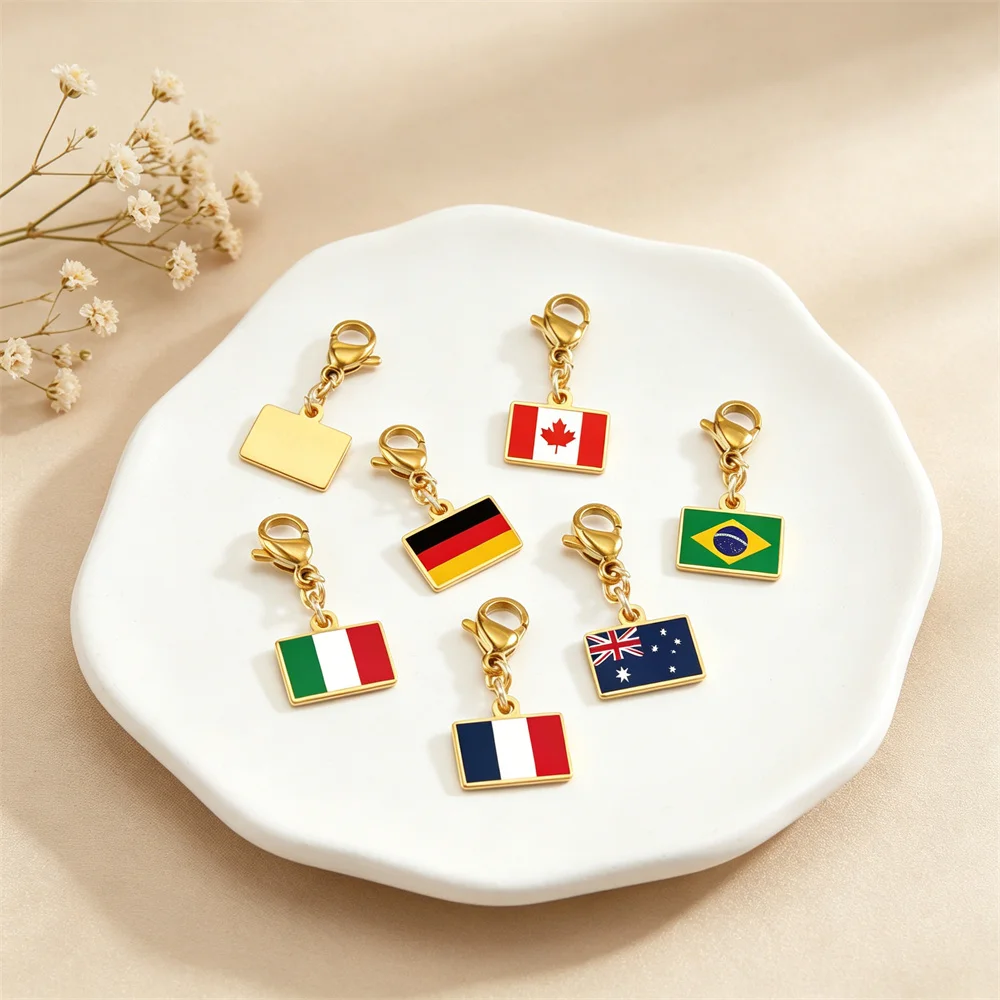 Customized Photo Flag Picture Square Pendant Stainless Steel Fashion DIY Necklace Bracelet Bag Chain Records Travel Memories