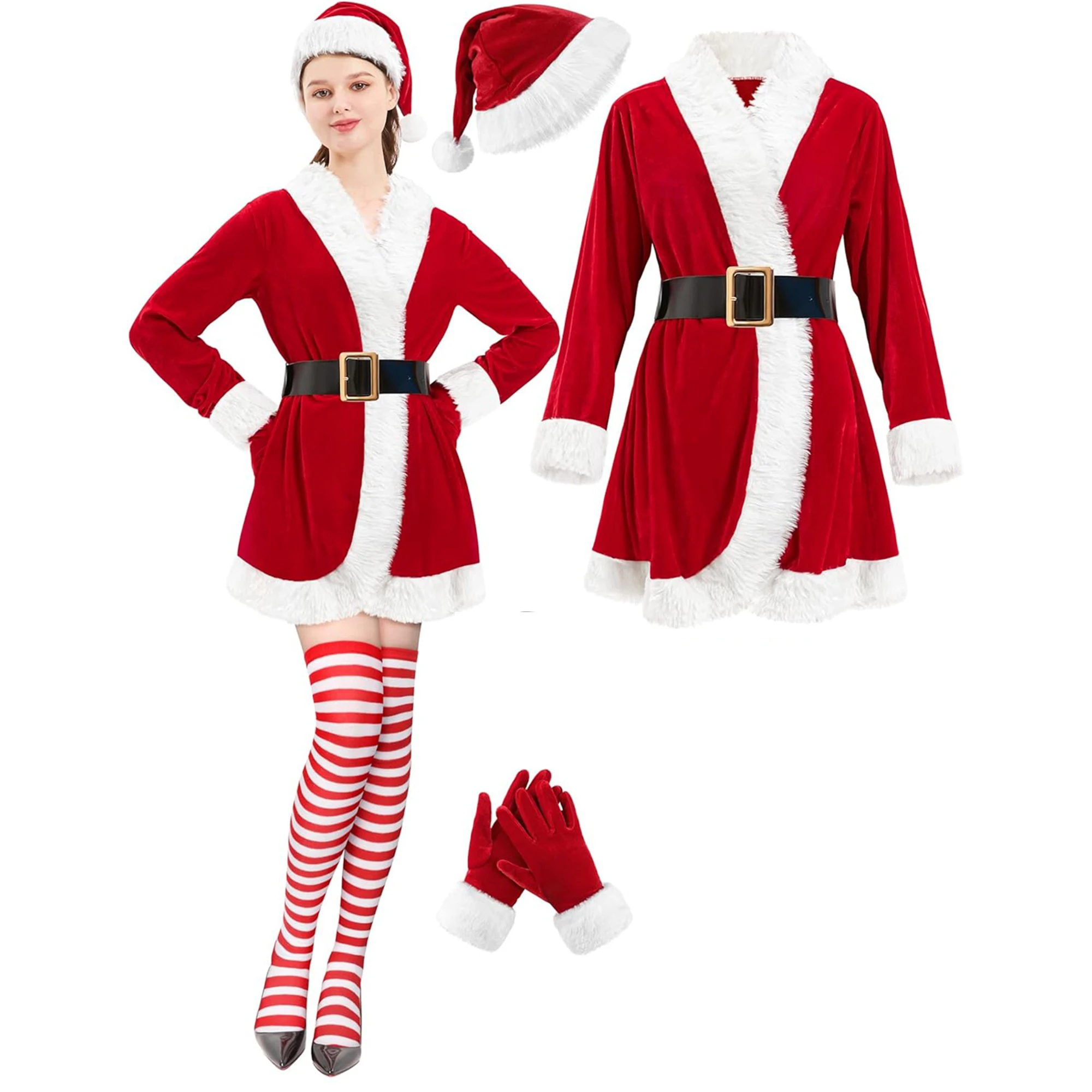 

Women Christmas Santa Claus Cosplay Costumes Plush Patchwork Contrast Color Long Sleeve Wrap V-Neck Dress+Hats+Gloves