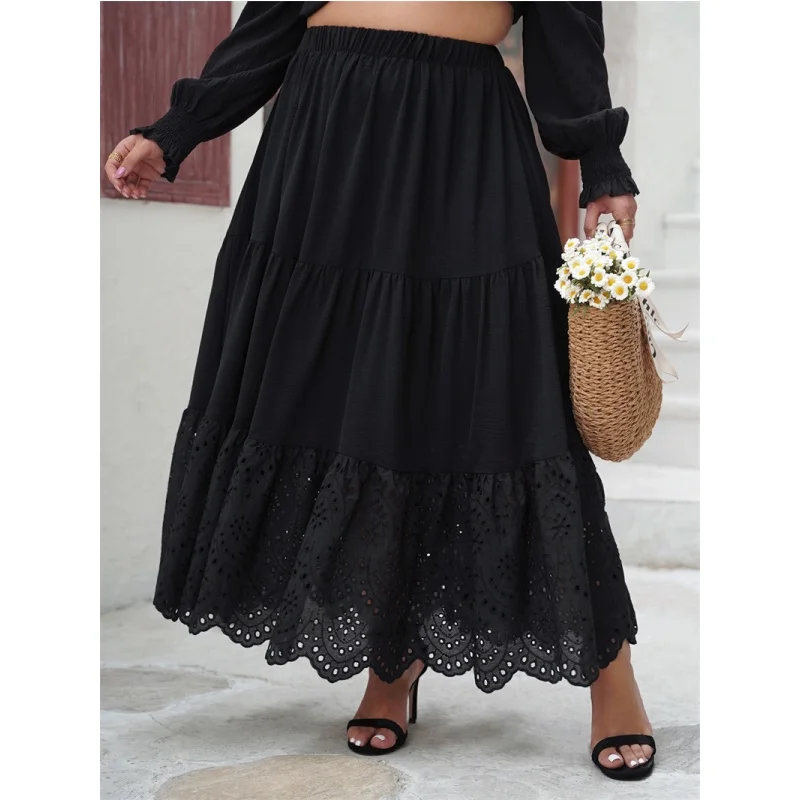 

Casual plus Size Women's Skirt XL4XL Midi A-Line Skirts Polyester Fabric Hollow out Splice mid Waist Spring Season Pure Color