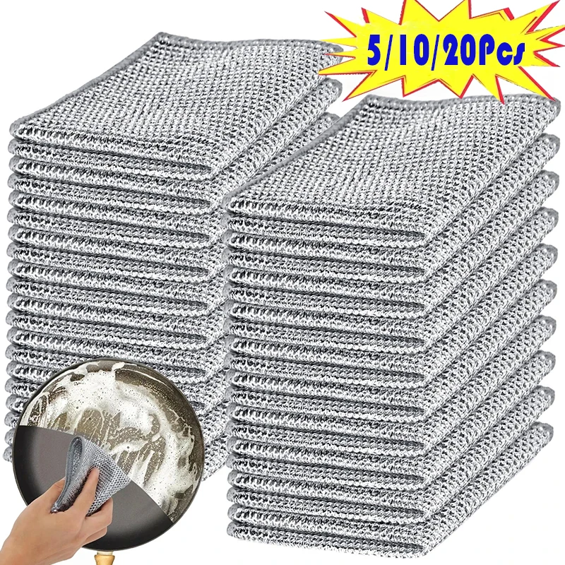 5/10/20Pcs Thickened Double-layer Metal Steel Wire Cleaning Cloths Kitchen Dishwashing Towel Non-stick Rag Multi-purpose Cleanin