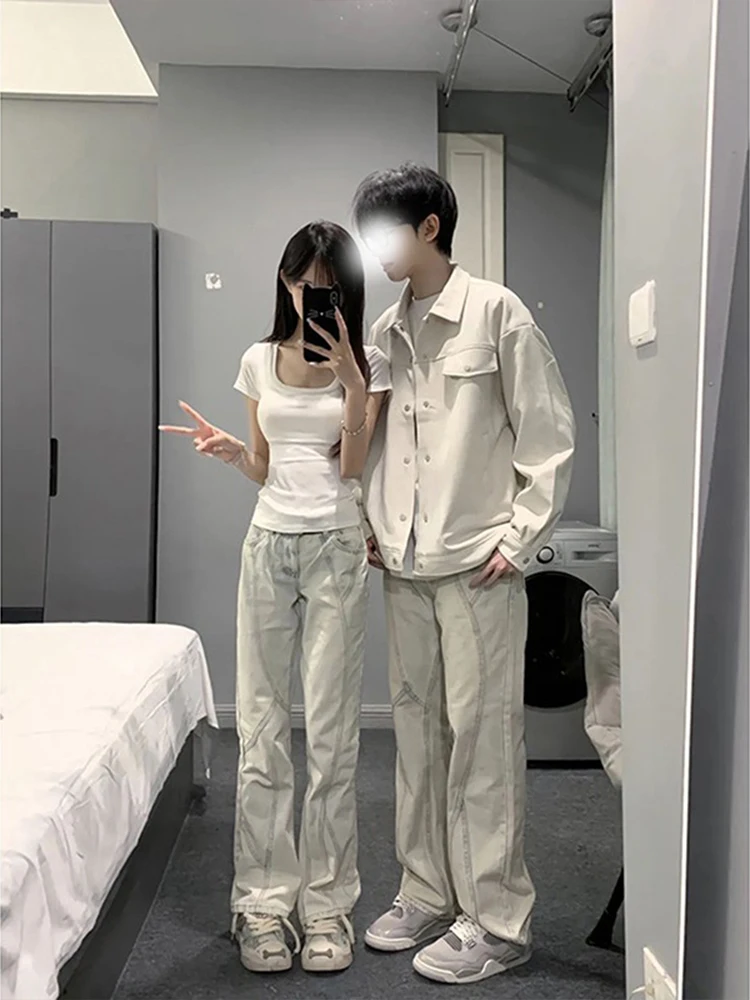 

Couples Matching High Street American Sle Yellow Mud Color Patchwork Jeans Men's Micro Flare Pants Youth Trendy Design
