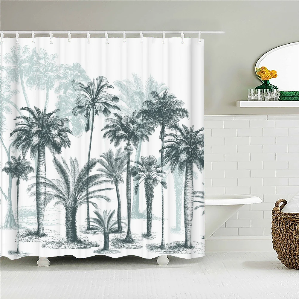 3D Shower Curtain Tropical Plants Palm Tree Birch Printed  Waterproof Polyester Fabric Bath Curtains for Bathroom with Hooks