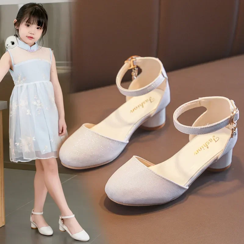 Medias sandalias para niñas, sandalias de Estilo Princesa para niños, tacones altos, punta en punta, novedad de verano 20225, zapatos de baile para niños, Chic y dulce