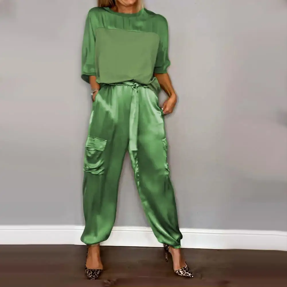 Spring Summer Fall Two-piece Suit Elegant Satin Women\'s Top Pants Set with Lace-up Waist Three Quarter Sleeves Casual Pockets