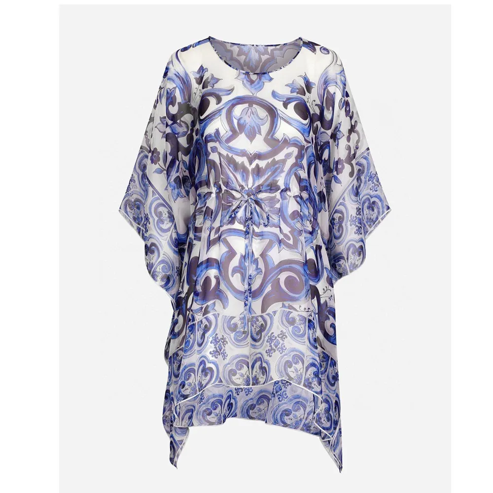 

Luxury Designer Women Summer Print Silk Short Kaftan Dress 2023 Runway Fashion