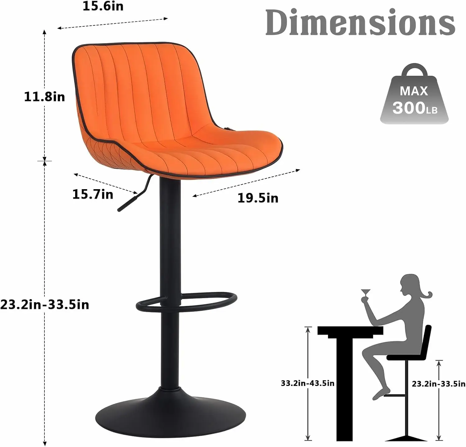 Orange Upholstered Bar Stools Set of 2 Counter Height Modern Adjustable Swivel Bar Chairs with Backs Mid Century PU