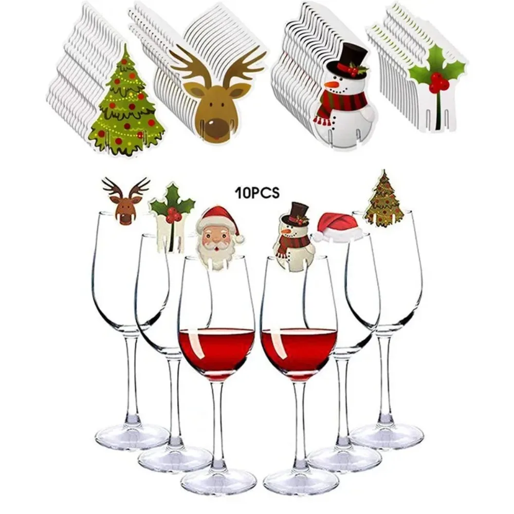 10pcs/set Wine Cup Card Christmas Decor Santa Hat Glass Decor Xmas Tree Snowman Home Decoration Decor 2024 New Year Accessories