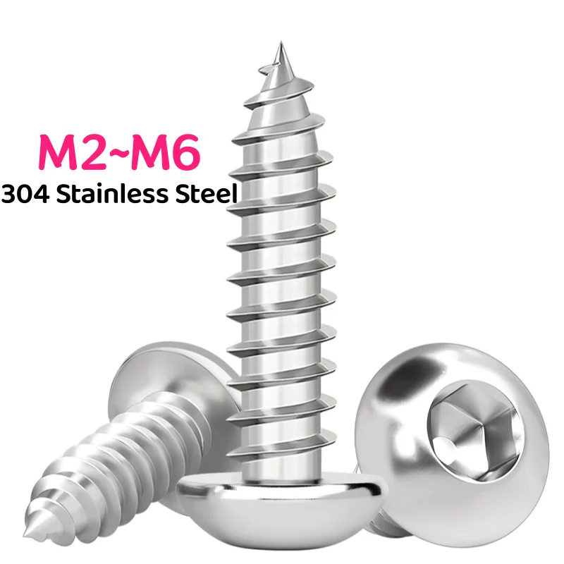 304 A2 Stainless Steel M2 M2.5 M3 M3.5 M4 M5 M6 Round Pan Head Hexagon Socket Self-tapping Screw Button Head Allen Screws