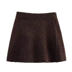 YENKYE 2025 Women Brown Side Seams Knit Mini Skirt Vintage High Waist A-line Elegant Skirts faldas mujer