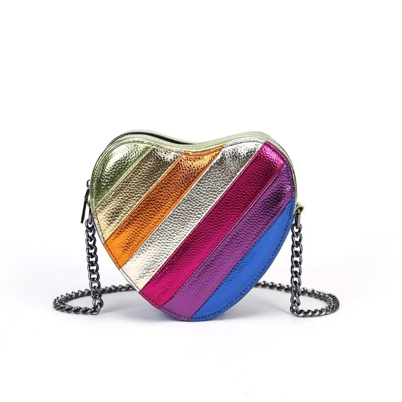 2024 New Women's Heart Shaped Contrast Panel Handbag Rainbow Splice Crossbody Bag Handbag Fashion Trend Women's Bag