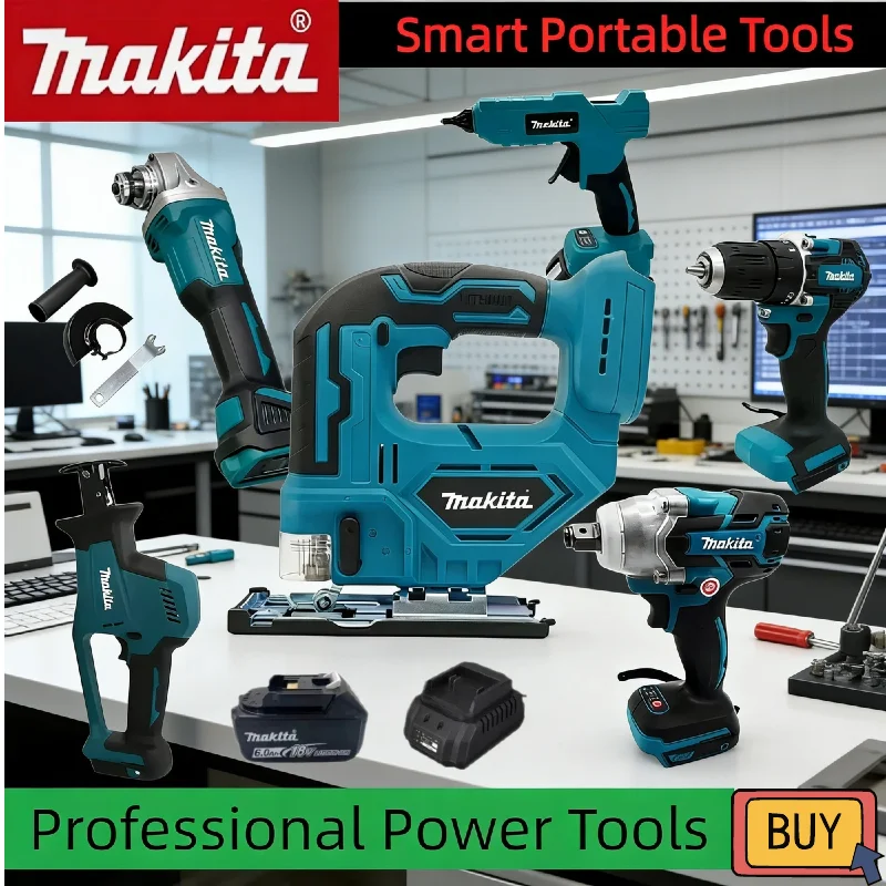 

Профессиональный набор Makita 18V/20V с бесщеточными инструментами: угловая шлифмашина, смазочный пистолет, цепная пила, насос для накачки, пистолет для герметика и отрезная пила.
