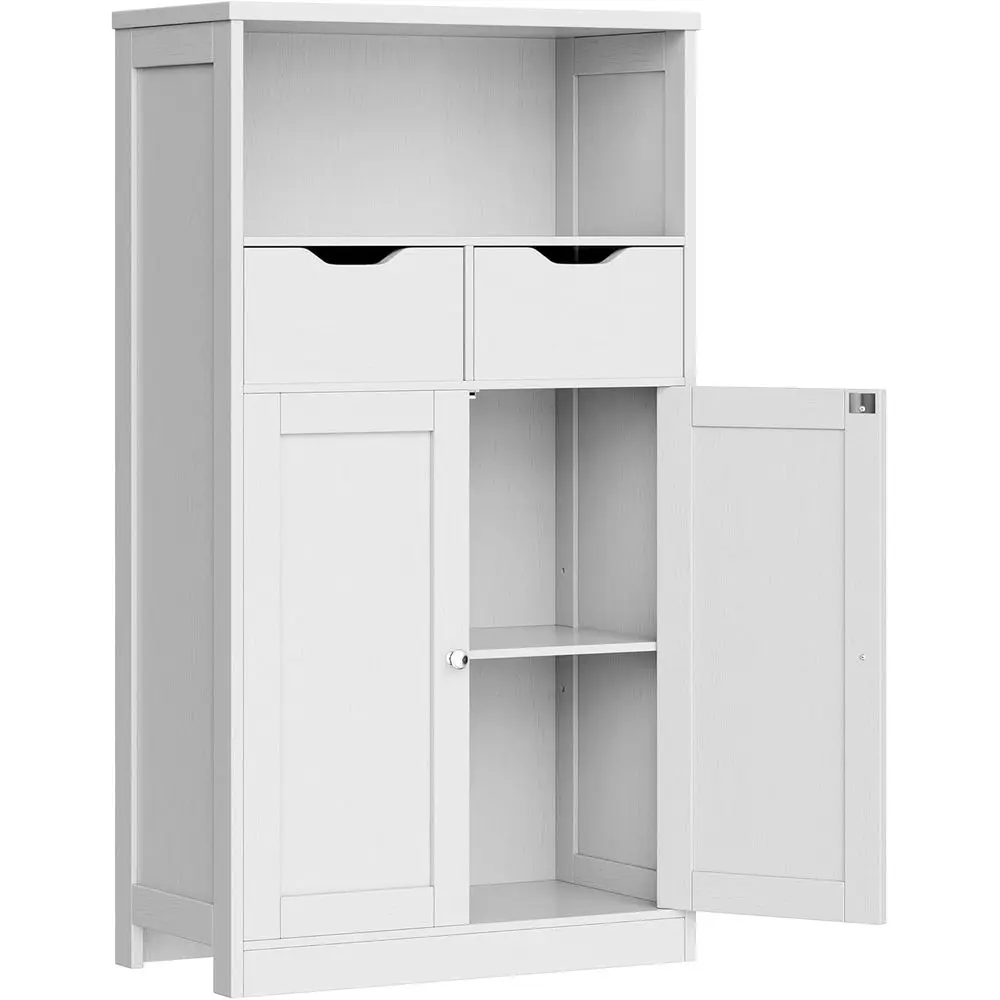 

Wooden Floor Storage Cabinet with 2 Drawers and Adjustable Shelves, Freestanding Pantry or Bathroom Organizer for Living Spaces,