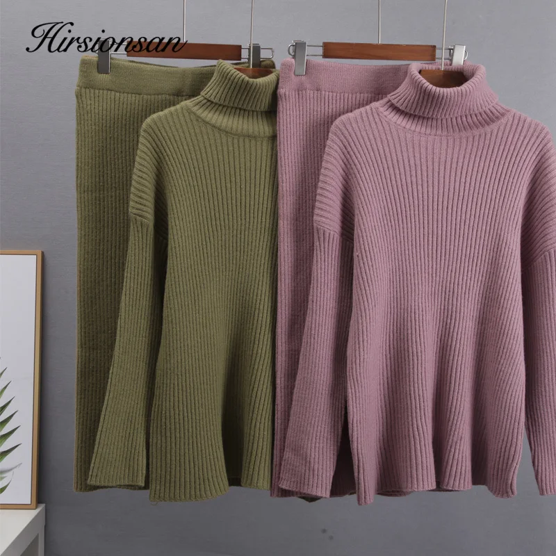 Hirsionsan Elegant Knitted Sets Women 2023 New Casual Two Pieces Turtle Neck Sweater and Midi Skirt Female Warm Suits with Skirt