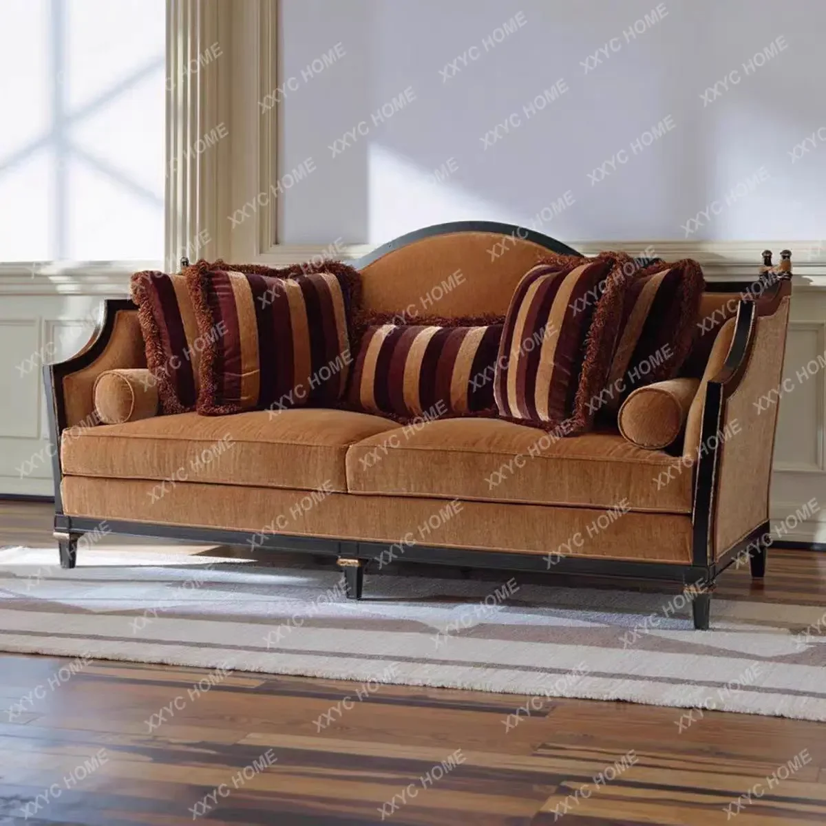 retro style solid wood sofa high-end villa living room fabric, leisure