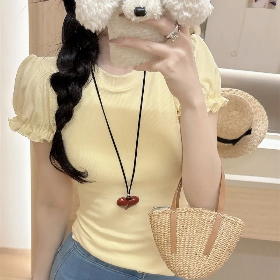 

2026 New Shoulder Crew Neck Lotus Sleeve T-Shirt with Chest Pad Inside and Outside Versatile Top