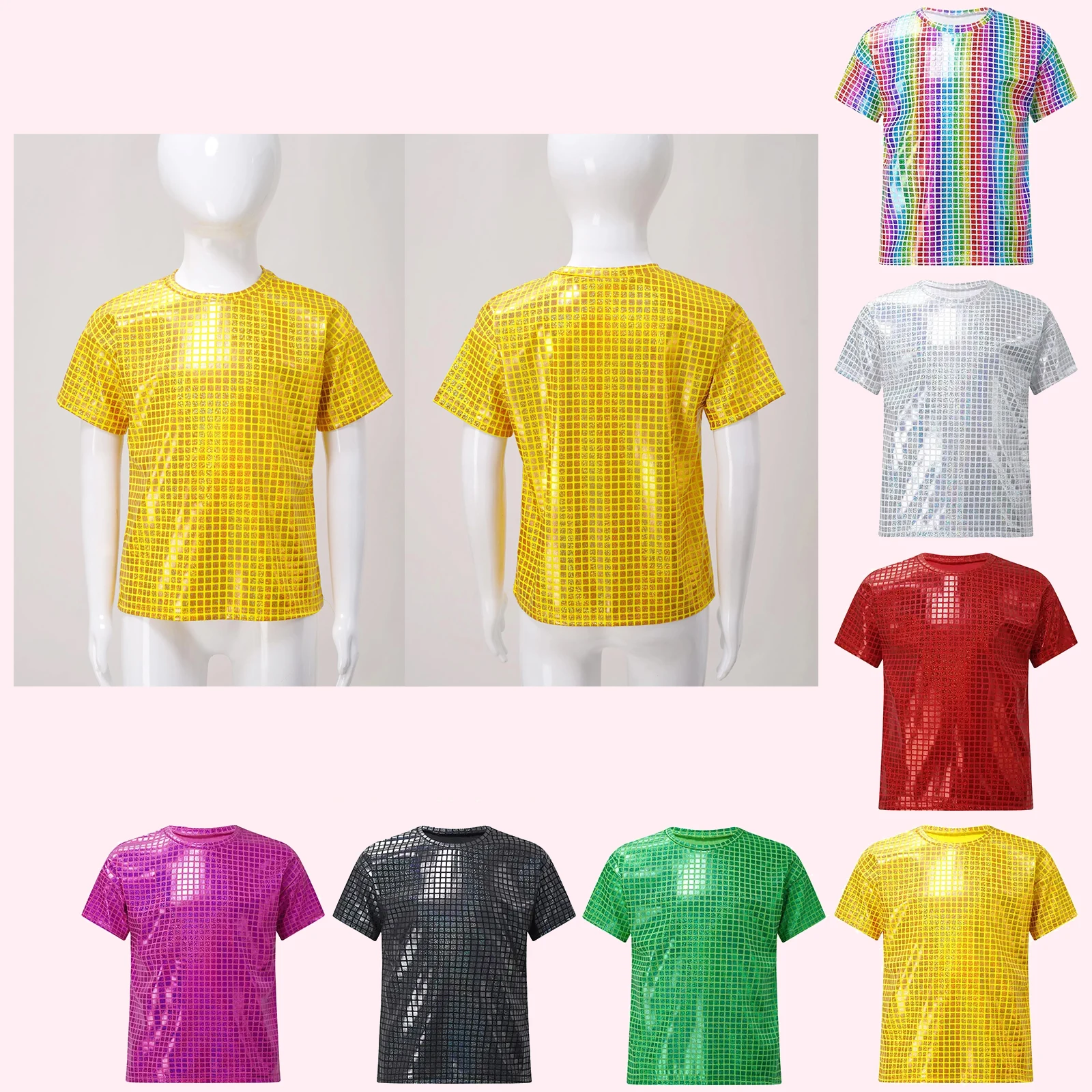 

Boys Girls Shiny Plaid Sequin T-shirt Unisex Kid Short Sleeve Shirts Tops Cheerleading Street Jazz Dance Choir Stage Performance