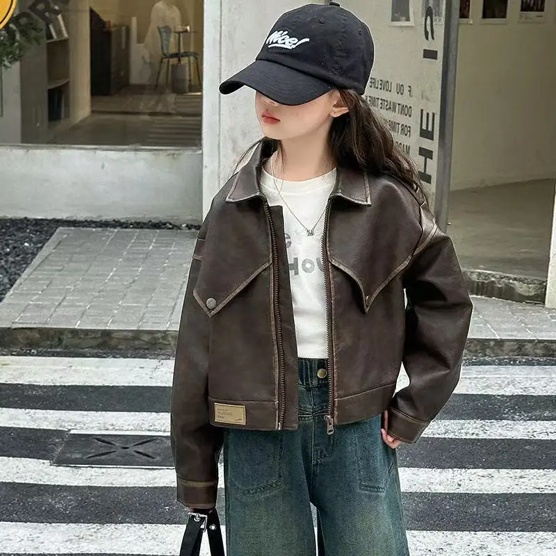 

5-14 Year Girls' Short Casual Collar Jacket Spring and Autumn Korean Edition Children's Zipper Warm Handsome Coat 120-170cm