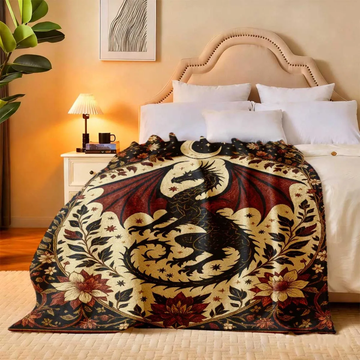 Black Background Vintage Black Red Dragon Moon Floral Flannel Throw Blanket, Soft Blanket  Sofa,Medieval Fantasy Home Decor Gift