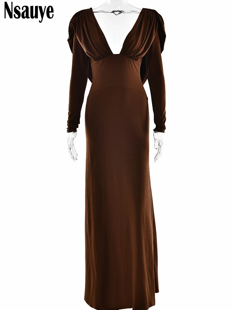 Nsauye 2025 ropa de otoño trajes nueva moda elegante mujer manga larga corte bajo Sexy Night Club Maxi vestidos de fiesta de noche
