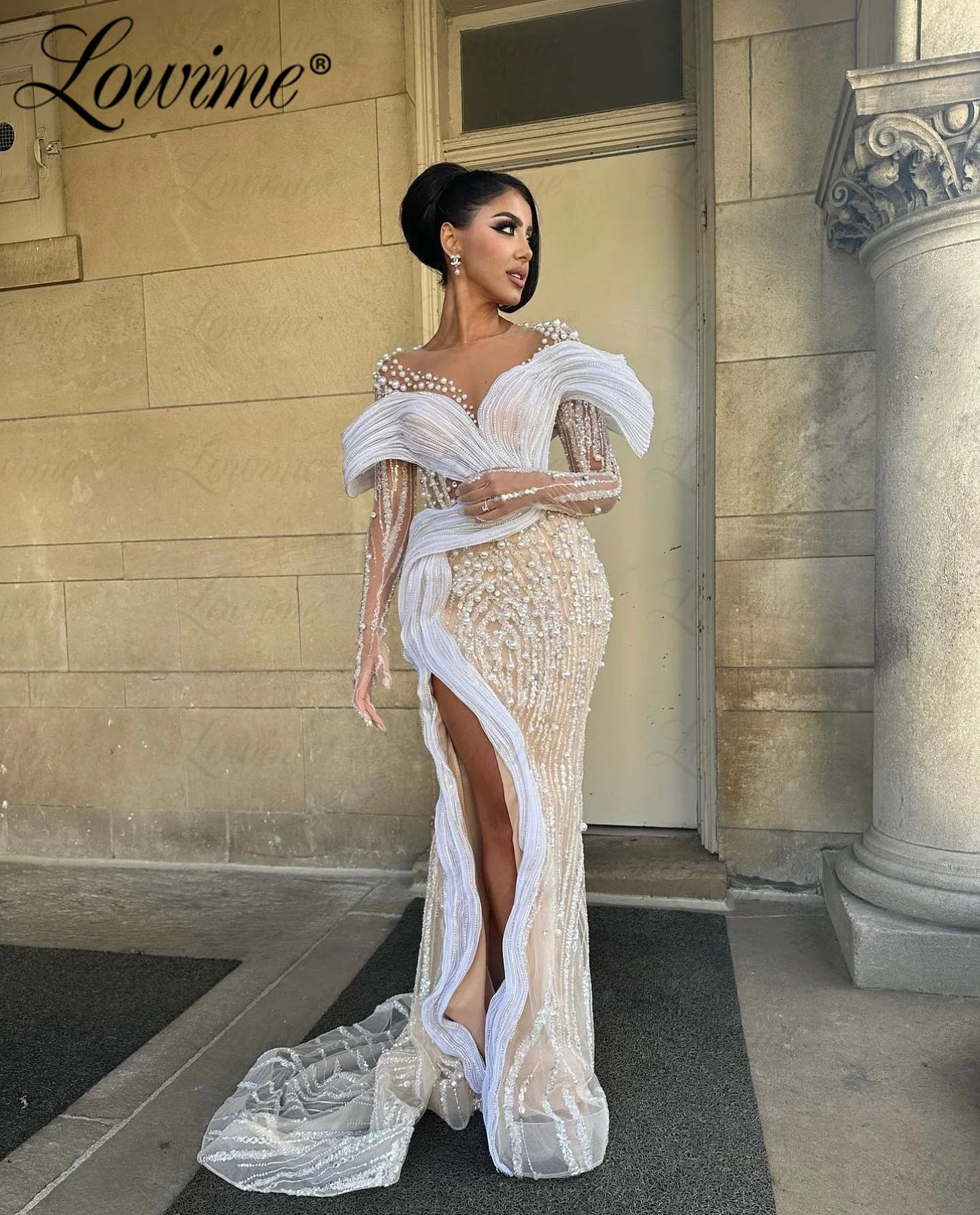 Elegant Arabic Evening Dress Long Sleeve White and Champagne Party Gowns Aso Ebi Pearl Beaded Prom Second Reception Dresses Robe