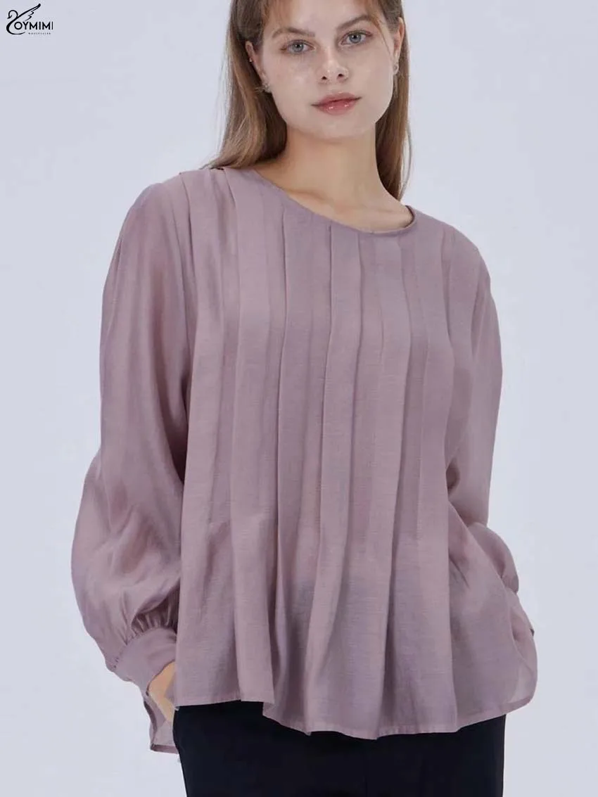 

Oymimi Casual Purple O-Neck Woman Blouses Elegant Long Sleeve Pleated Solid Blouses Fashion Single Breasted Blouse Streetwear